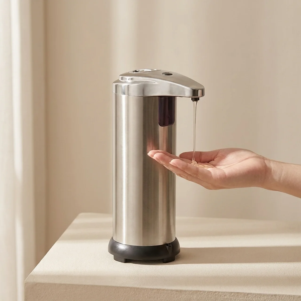Hand soap dispenser dispensing soap into a hand on a neutral background