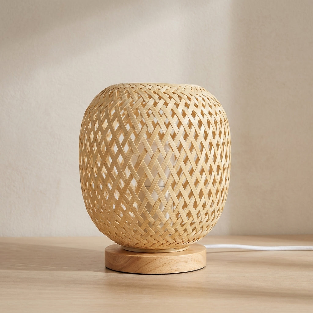 Handcrafted Rattan Bedside Table Lamp with Wooden Base – Warm Ambient Lighting for Bedroom and Home Decor