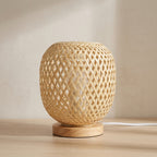 Handcrafted Rattan Bedside Table Lamp with Wooden Base – Warm Ambient Lighting for Bedroom and Home Decor