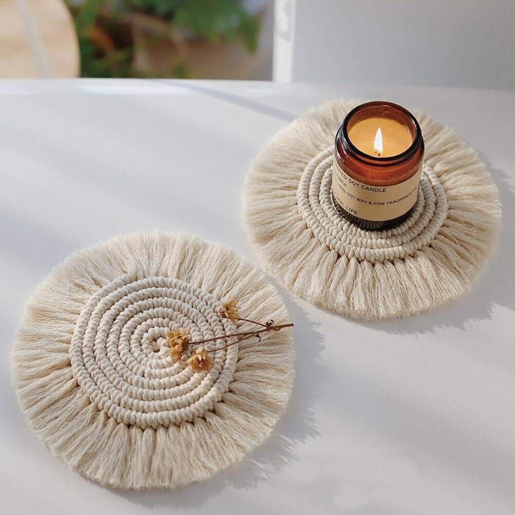 Handmade Macrame Coasters 3-Pack - Durable, Non-Slip Protection for Drinks 0