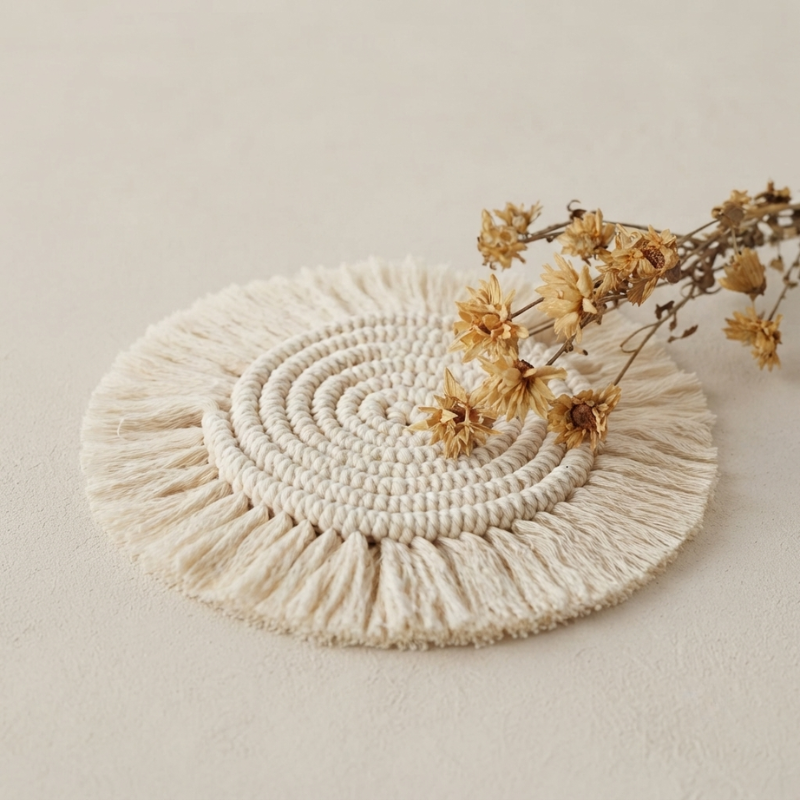 A round off-white woven placemat with concentric circular patterns and fringed edges, styled with dried yellow flowers on a neutral beige background.
