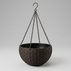 Black hanging planter with wicker design on a gray background