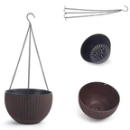 Hanging plant pot with chain and decorative insert on a white background