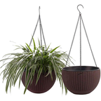 Two hanging planters with chains on a white background
