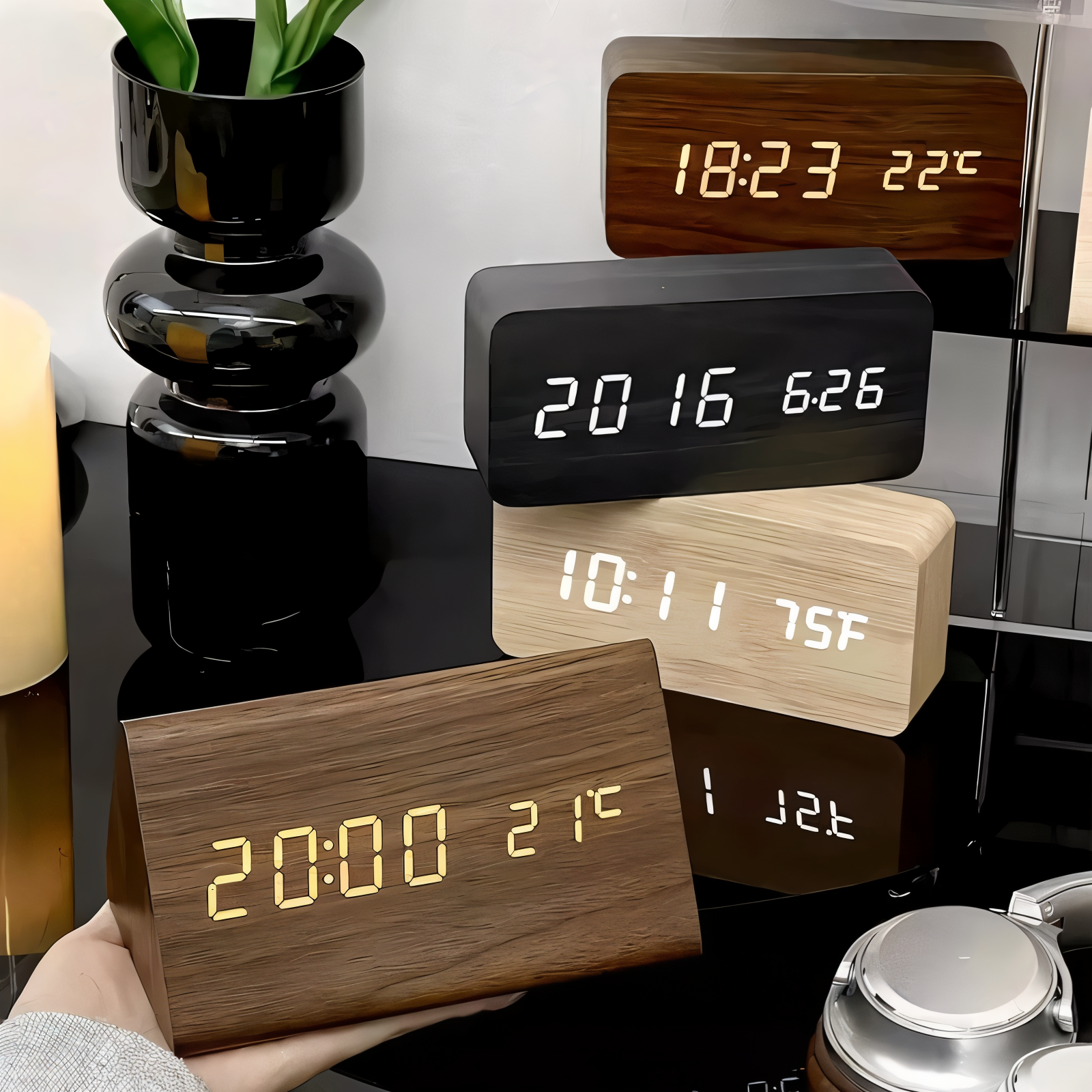 Modern Wooden LED Digital Alarm Clock Ð Smart Bedside Clock with Adjustable LED Display 0