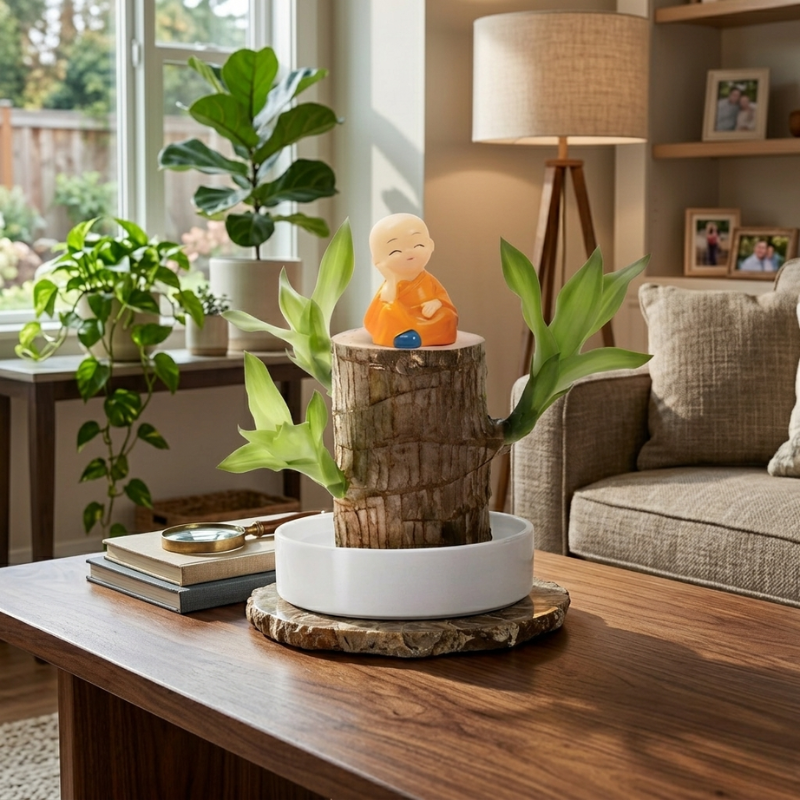 Decorative scene with a small Buddha statue on a wooden barrel in a living room.