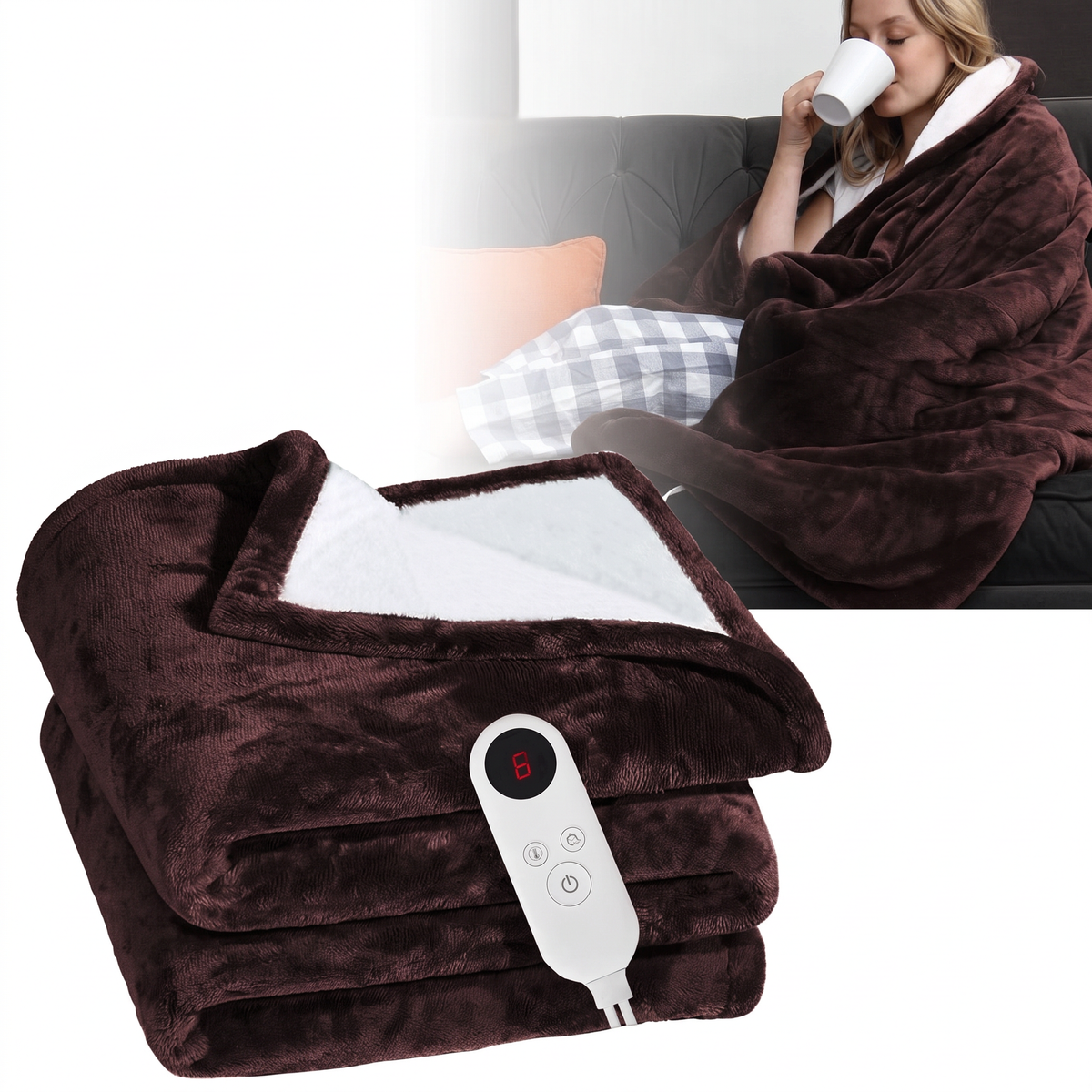 Electric Heated Flannel Blanket, 6 Heat Settings, Brown and White-Blanket-Homely Dreams-Default-Homely Dreams
