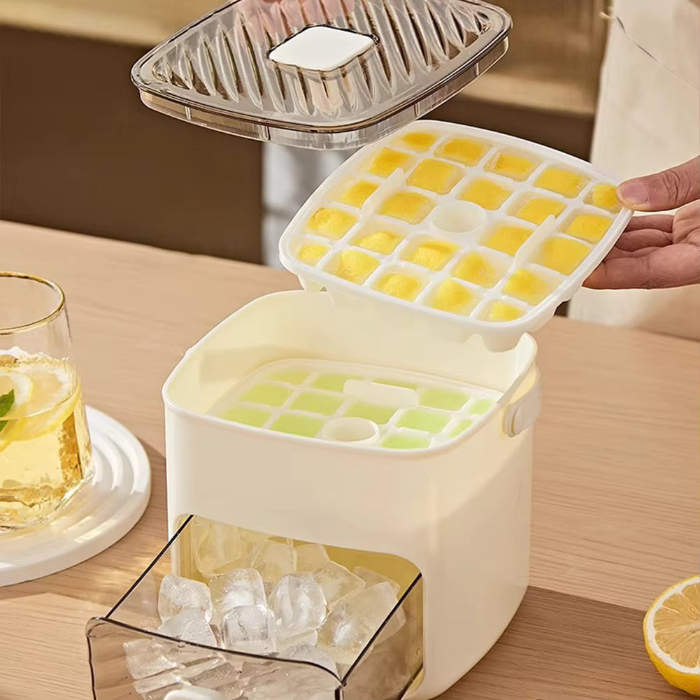 Ice cube tray with frozen cubes, open lid showing liquid, on a wooden surface.