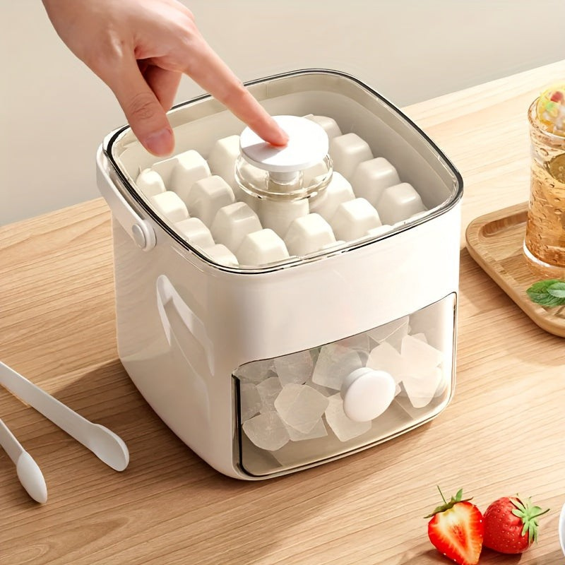 Ice cube tray with frozen cubes being removed, placed on a wooden surface with strawberries and a glass of juice.