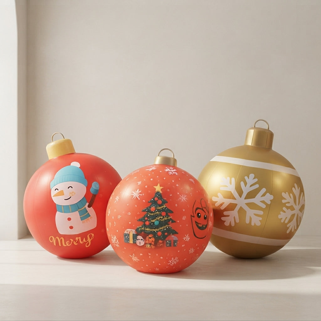 Three decorative Christmas ornament balls displayed on a white surface against a light beige background. The left ball is coral red with a snowman illustration and the word 'Merry'.