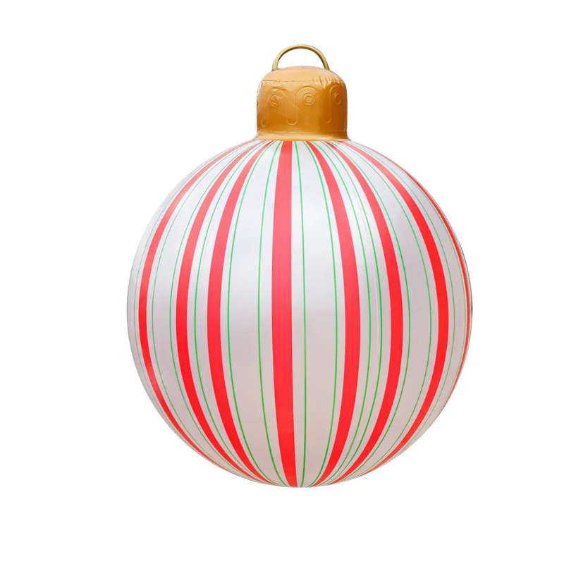 A spherical Christmas ornament with a white base, decorated with alternating vertical stripes of red and green, topped with a gold cap and hanging loop.