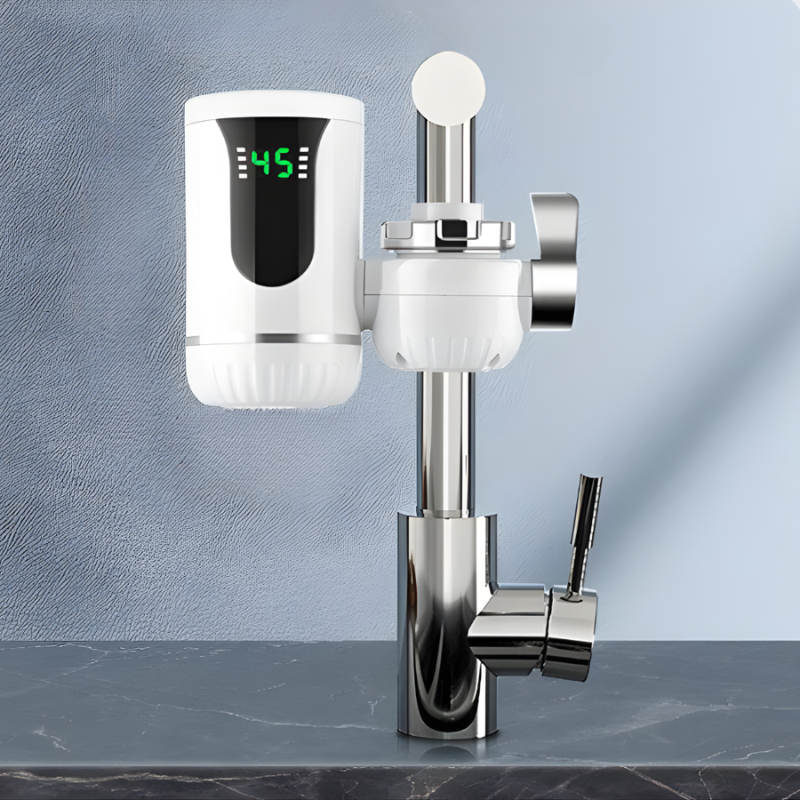 Chrome kitchen faucet with digital temperature display on a gray background
