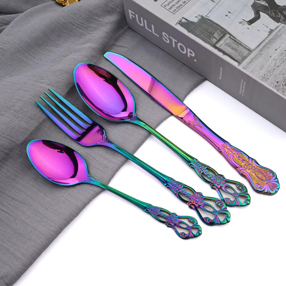 Iridescent Stainless Steel Cutlery Set with Royal Motifs – 4, 16, or 24 Piece Options 0