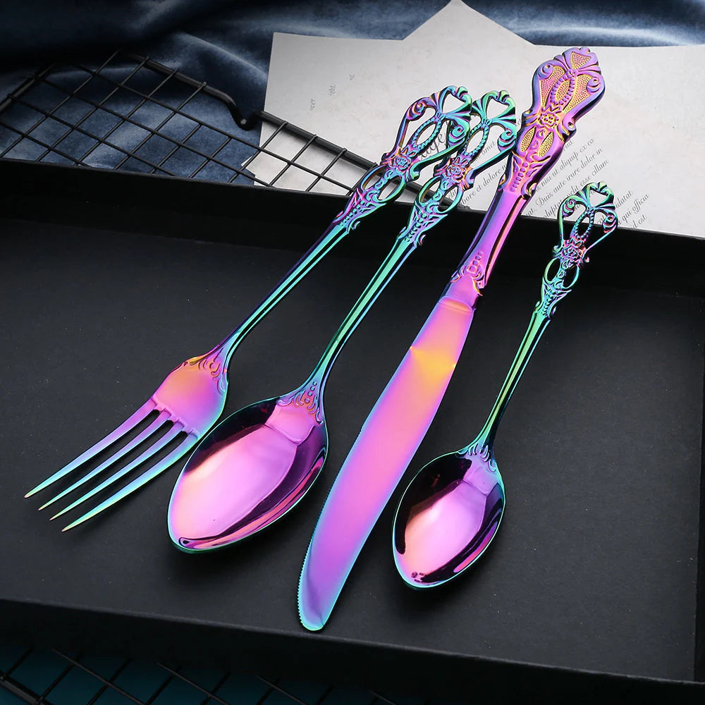 Iridescent Stainless Steel Cutlery Set with Royal Motifs – 4, 16, or 24 Piece Options 1