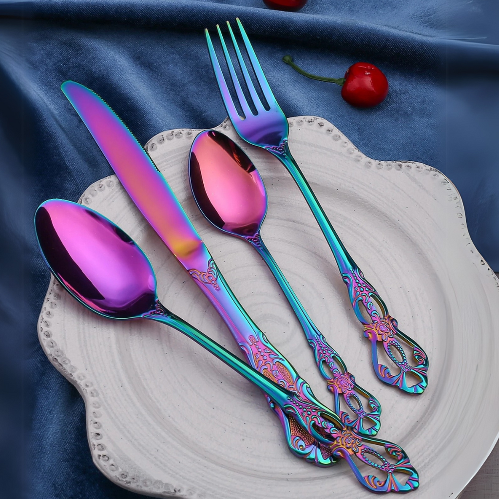 Iridescent Stainless Steel Cutlery Set with Royal Motifs – 4, 16, or 24 Piece Options 2