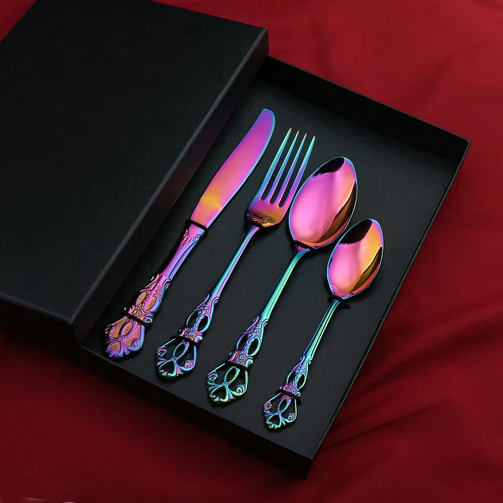 Iridescent Stainless Steel Cutlery Set with Royal Motifs – 4, 16, or 24 Piece Options 3