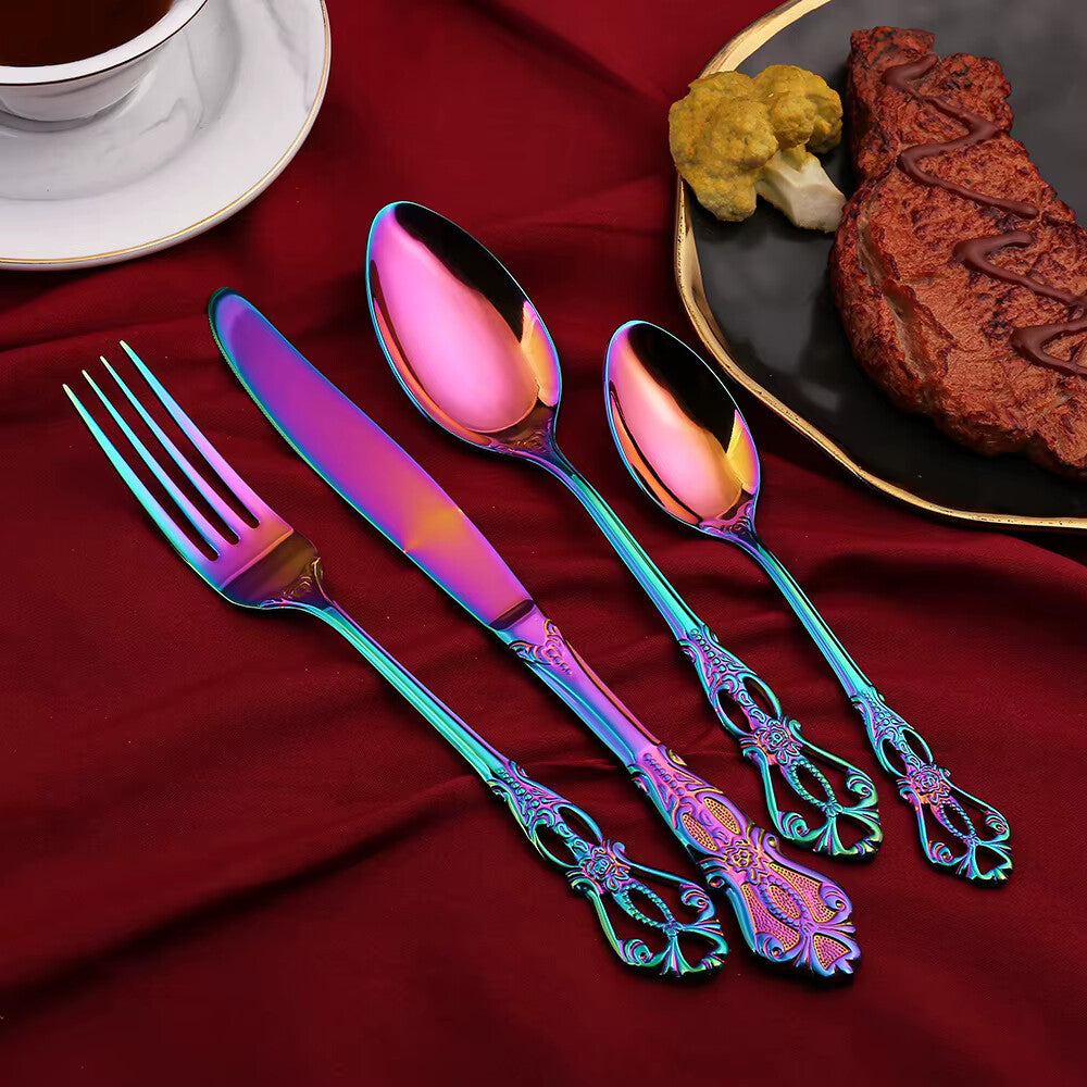 Iridescent Stainless Steel Cutlery Set with Royal Motifs – 4, 16, or 24 Piece Options 4