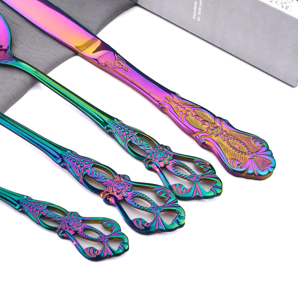 Iridescent Stainless Steel Cutlery Set with Royal Motifs – 4, 16, or 24 Piece Options 6