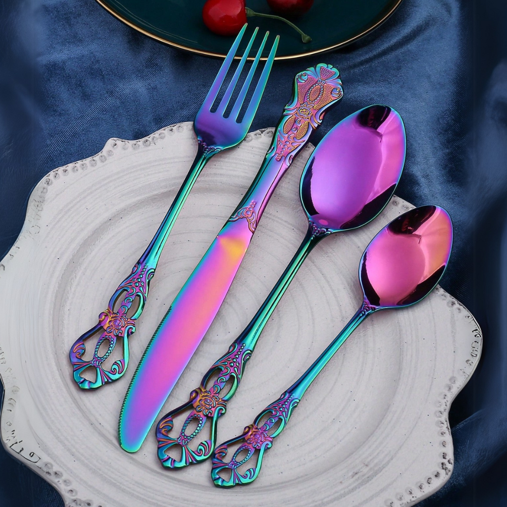 Iridescent Stainless Steel Cutlery Set with Royal Motifs – 4, 16, or 24 Piece Options 7