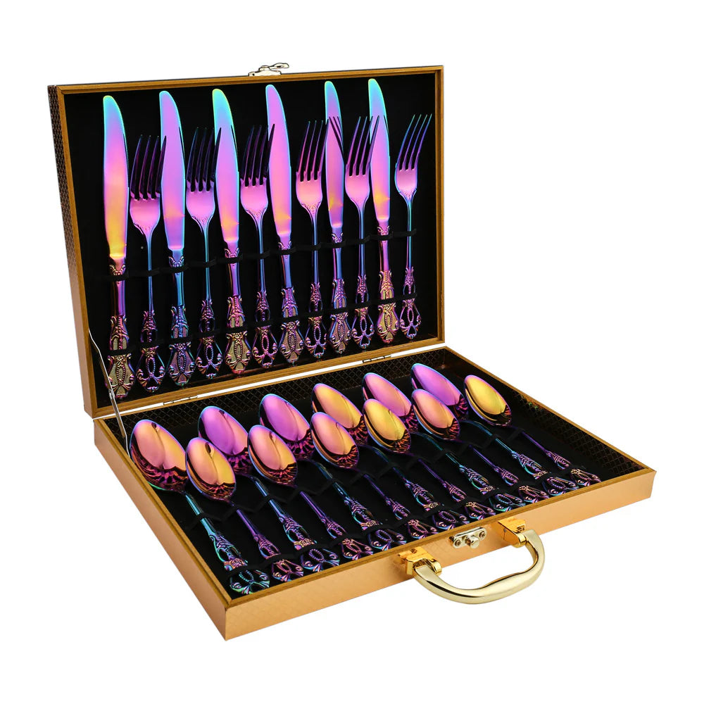 Iridescent Stainless Steel Cutlery Set with Royal Motifs – 4, 16, or 24 Piece Options 8