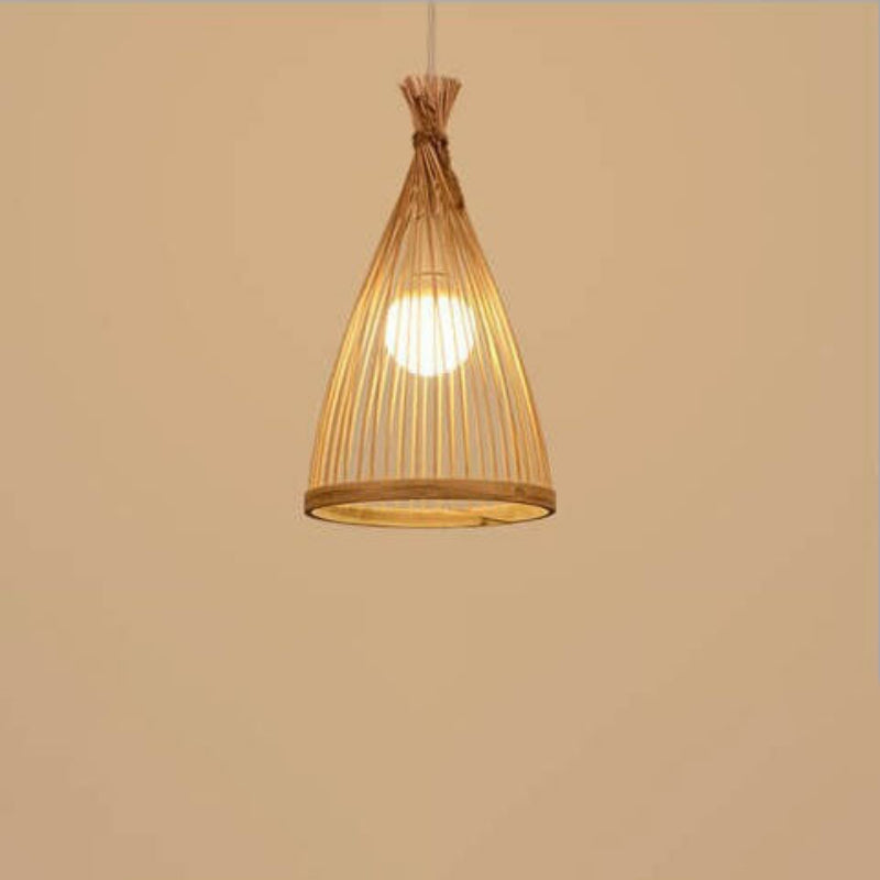 Japanese Style Bamboo Pendant Light – Modern Conical Kitchen Pendant Lighting for Living Room, Café, Adjustable Height 0