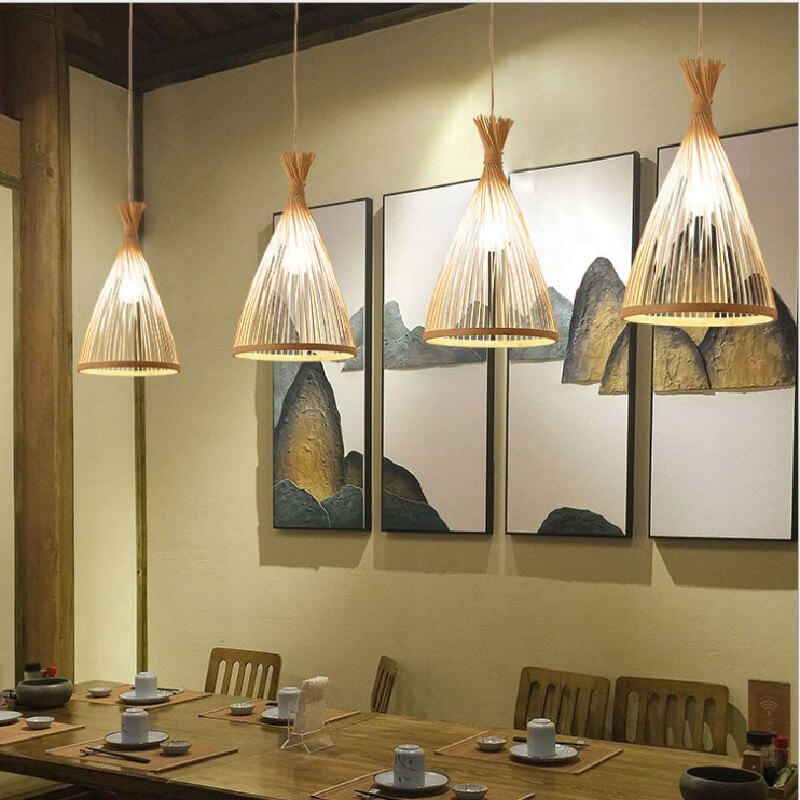 Japanese Style Bamboo Pendant Light – Modern Conical Kitchen Pendant Lighting for Living Room, Café, Adjustable Height 1