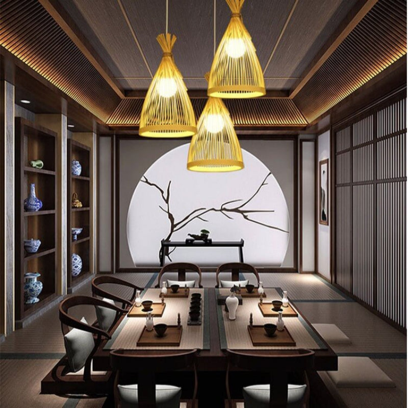 Japanese Style Bamboo Pendant Light – Modern Conical Kitchen Pendant Lighting for Living Room, Café, Adjustable Height 2