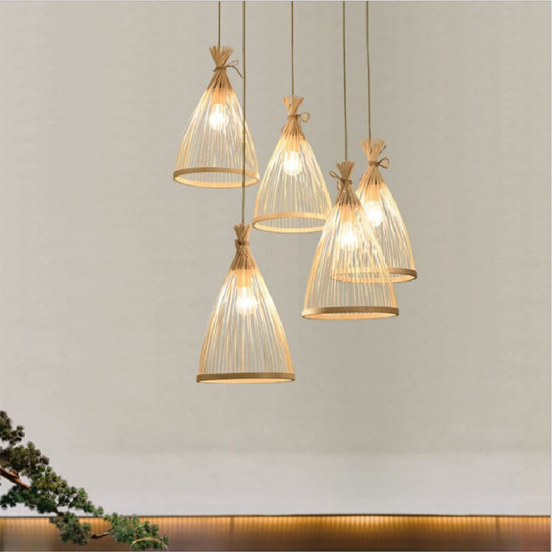 Japanese Style Bamboo Pendant Light – Modern Conical Kitchen Pendant Lighting for Living Room, Café, Adjustable Height 5
