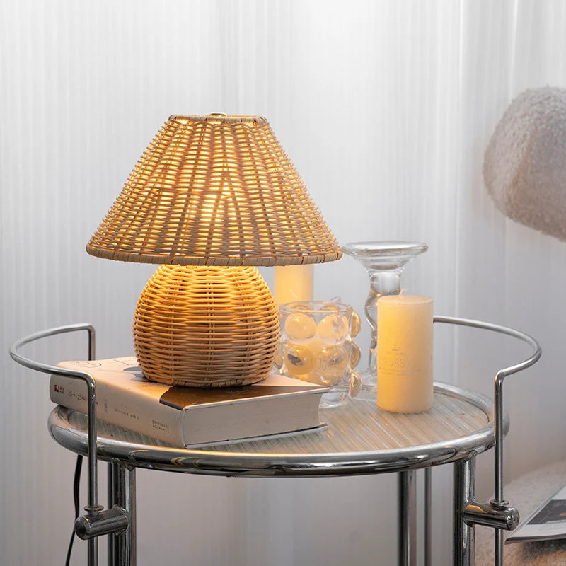 Japanese Style Bamboo Table Lamp with Hemp Rope Shade and USB LED Light – Ideal for Bedside and Desk Use 2