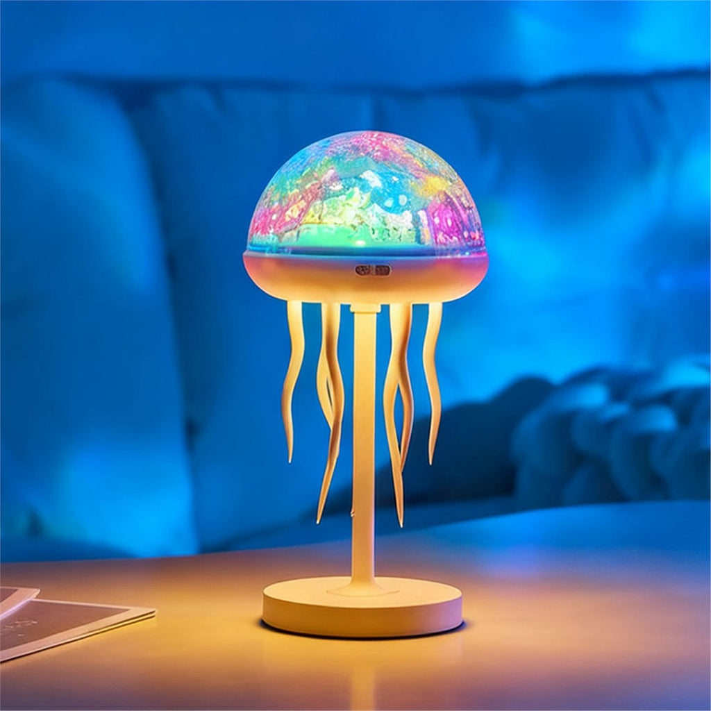 Colorful jellyfish-shaped lamp on a table with a blue background