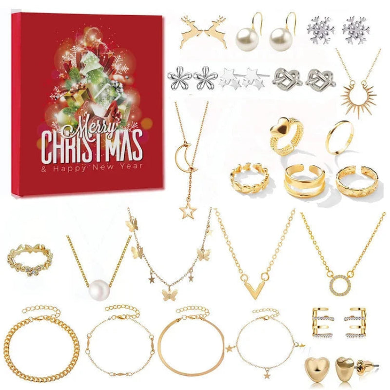 Jewelry Advent Calendar with 24 Gold and Silver Necklaces, Bracelets, and Earrings for Daily Style Variety 0