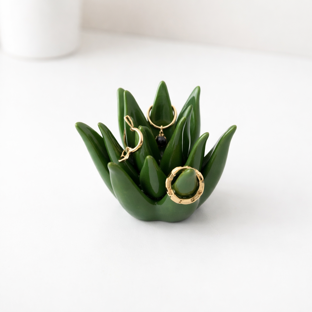 Jewelry Dish Ceramic Green Ring Holder Tray Glazed Finish
