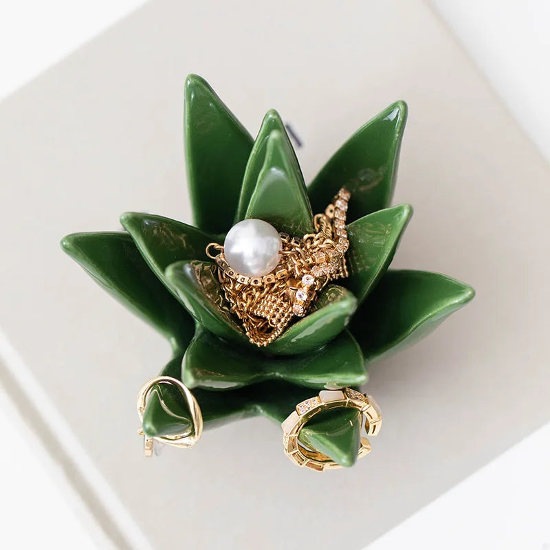 Jewelry Dish Ceramic Green Ring Holder Tray Glazed Finish 4
