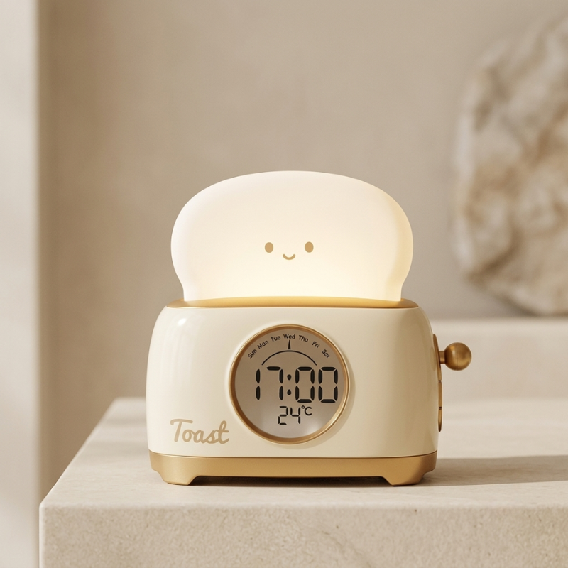 White and gold alarm clock with a smiling face, displaying the time and temperature, on a neutral background.