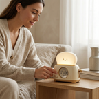 Woman adjusting a digital clock on a wooden table in a cozy room.