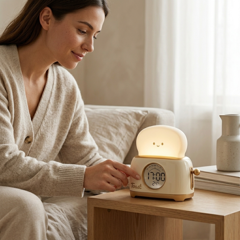 Woman adjusting a digital clock on a wooden table in a cozy room.