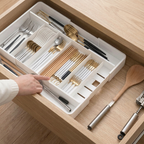 A white plastic drawer organizer tray holding a set of cutlery, shown inside an open wooden drawer. A person's hand is pointing at the organizer, and a wooden spoon and corkscrew are visible on the drawer shelf.
