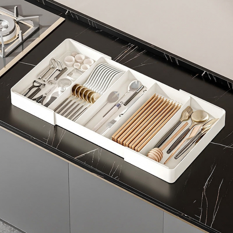 A white plastic cutlery organizer tray filled with utensils, including chopsticks, spoons, forks, and knives, placed on a black marble kitchen countertop.