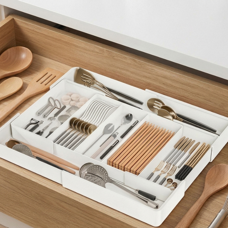 A white plastic drawer organizer tray neatly arranged inside an open wooden drawer, holding cutlery, chopsticks, spoons, forks, and utensils.