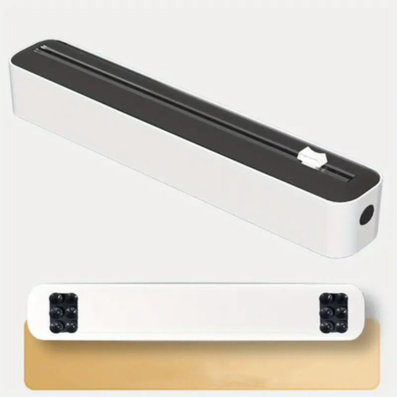 White and black rectangular device with a wooden base on a light gray background
