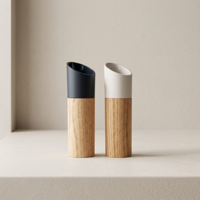 Two modern cylindrical salt and pepper shakers with natural wood bases and offset metal tops, one in dark navy blue and one in matte white, standing on a light beige surface against a neutral beige background.