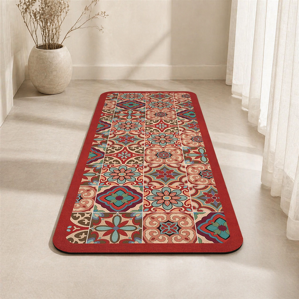 Decorative rug with geometric pattern on a light wooden floor.