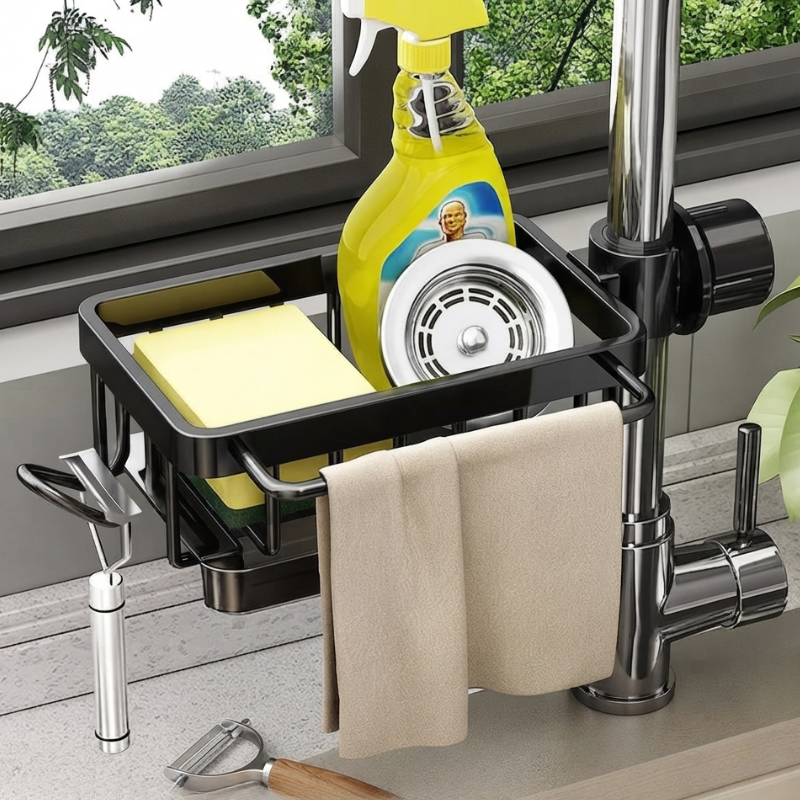 Kitchen sink caddy with cleaning supplies on a kitchen counter