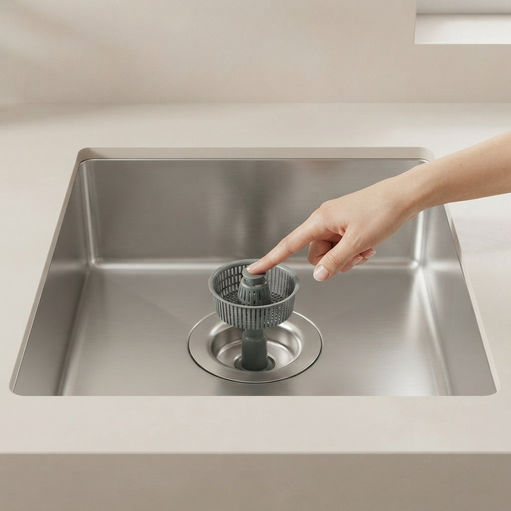 A stainless steel kitchen sink with a gray drain filter being held by a person's hand, shown in a clean, modern kitchen setting.