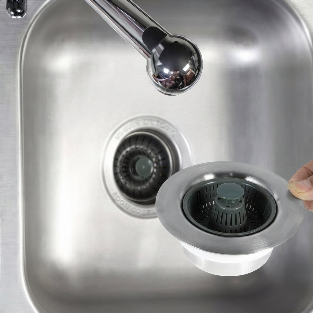 A close-up of a stainless steel kitchen sink with a chrome faucet, showing a hand holding a round drain cover above the drain opening.