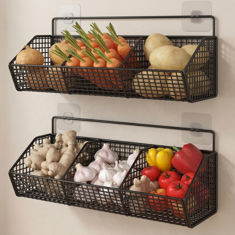 Two black wire wall baskets filled with vegetables on a white wall.
