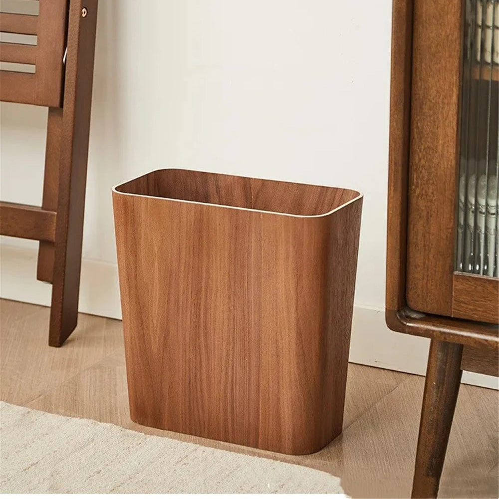 Wooden trash can in a room with wooden furniture