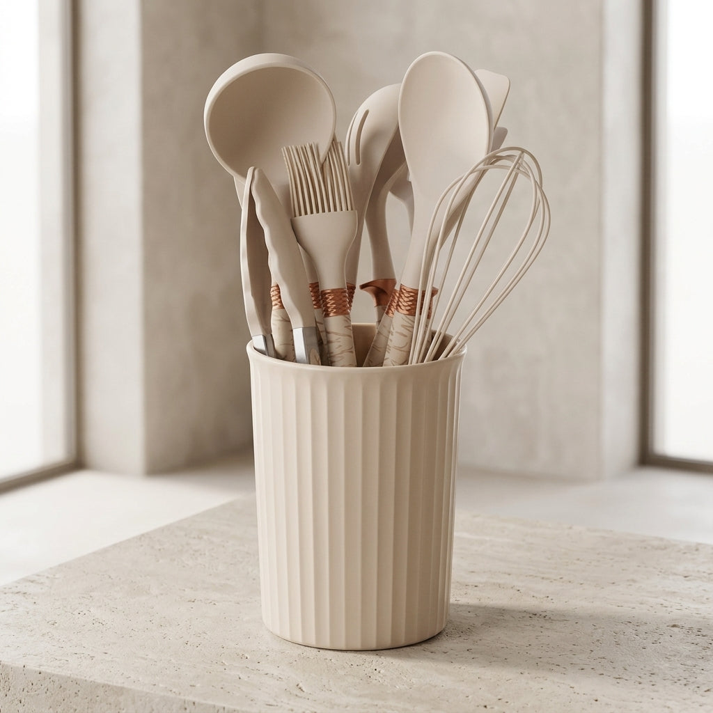 A set of matte beige kitchen utensils, including spoons, a brush, and a whisk, stored in a matching ribbed beige cup on a stone surface in a softly lit interior.