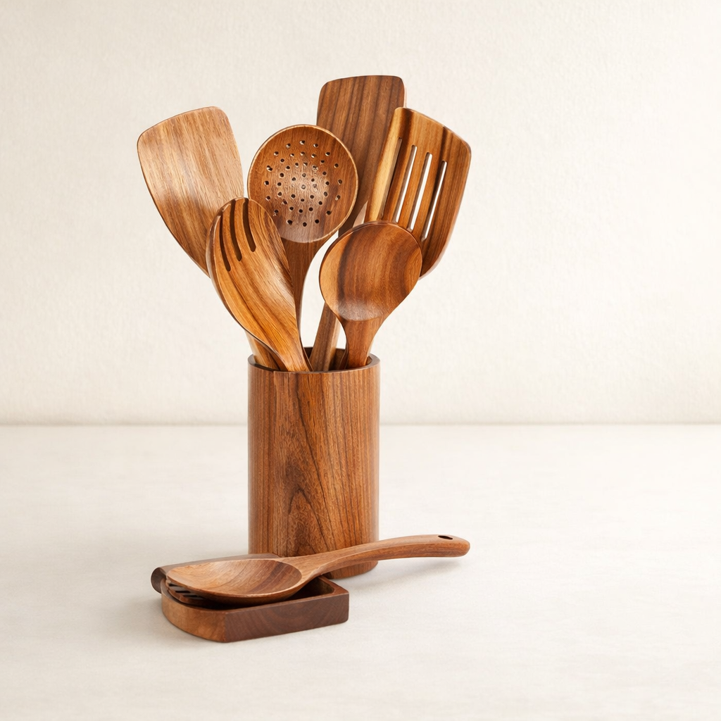 Kitchen Utensil Set Wood 5 Piece Spatula Spoon Ladle Natural Finish 1