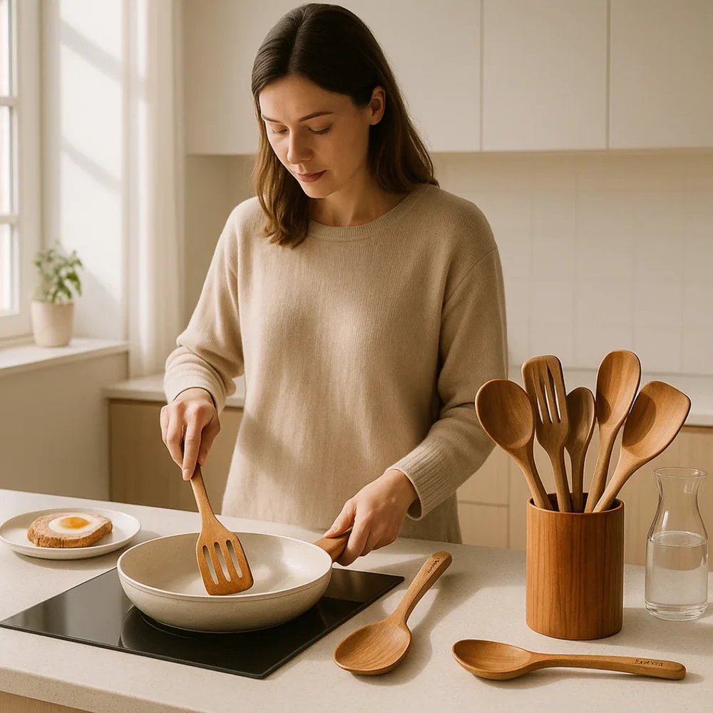 Kitchen Utensil Set Wood 5 Piece Spatula Spoon Ladle Natural Finish 4
